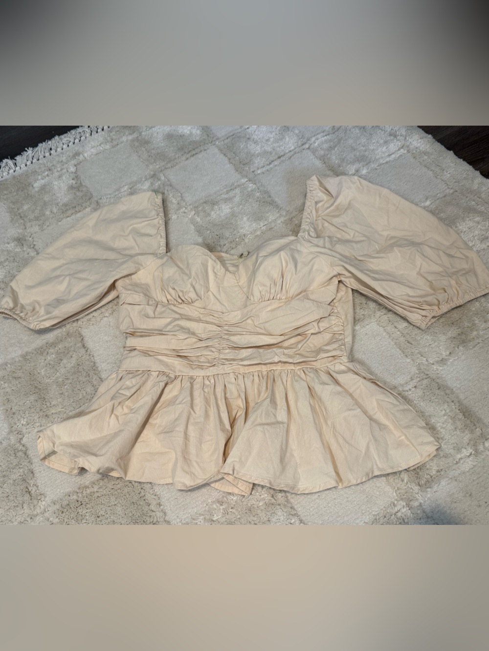 Cream Ruched cotton sweetheart Peasant Blouse - Puff Sleeve Top NWT Size M